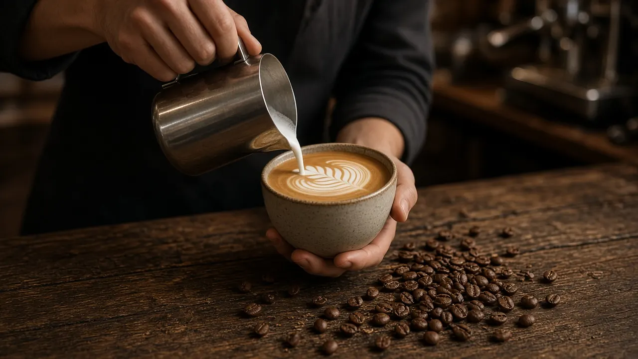 Cangkir kopi latte di meja kayu dengan biji kopi di sampingnya