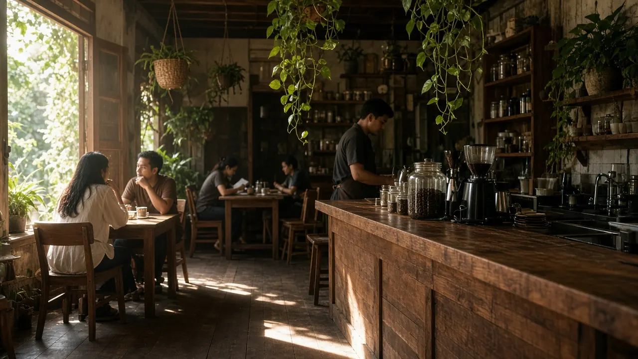 Tampak depan kedai kopi bertema kayu dengan kursi outdoor